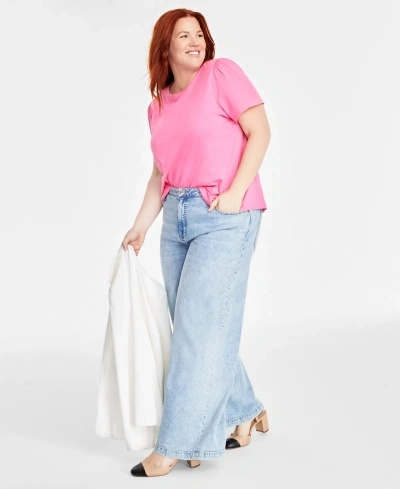 On 34th Trendy Plus Size Gathered-sleeve Crewneck T-shirt, Created For Macy's In Azalea Pink