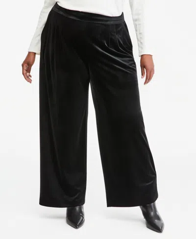On 34th Plus Size High-rise Pleated Wide-leg Velvet Pants, Macy's Exclusive In Black