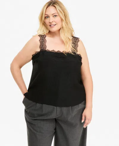 On 34th Plus Size Lace-trim Crinkle-texture Camisole, Macy's Exclusive In Deep Black
