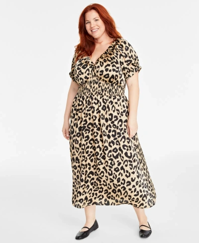 On 34th Trendy Plus Size Leopard-print V-neck Short-sleeve Midi Dress, Created For Macy's In Safari Combo