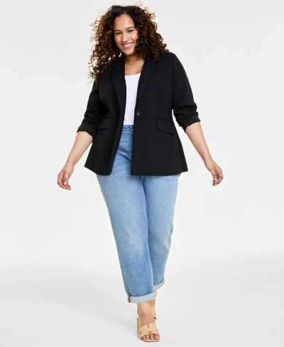 On 34th Trendy Plus Size Longline Ponte-knit Blazer, Created For Macy's In Deep Black