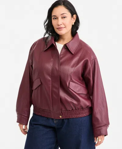 On 34th Plus Size Long-sleeve Faux Leather Bomber Jacket, Macy's Exclusive In Trophy Red