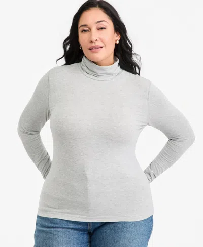 On 34th Plus Size Long-sleeve Mockneck Jersey Top, Macy's Exclusive In Gray