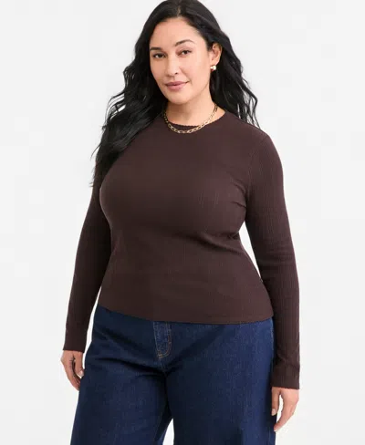 On 34th Plus Size Meet & Greet Pointelle Rib-knit Jacquard Long-sleeve Top, Macy's Exclusive In Ganache