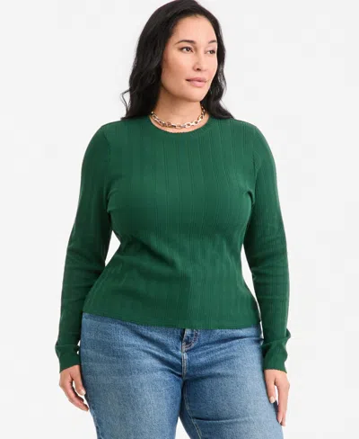 On 34th Plus Size Meet & Greet Pointelle Rib-knit Jacquard Long-sleeve Top, Macy's Exclusive In Green