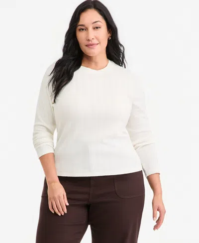 On 34th Plus Size Meet & Greet Pointelle Rib-knit Jacquard Long-sleeve Top, Macy's Exclusive In White