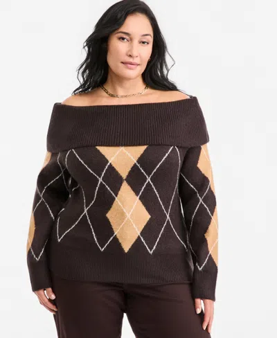 On 34th Plus Size Off-the-shoulder Argyle Sweater, Macy's Exclusive In Brown