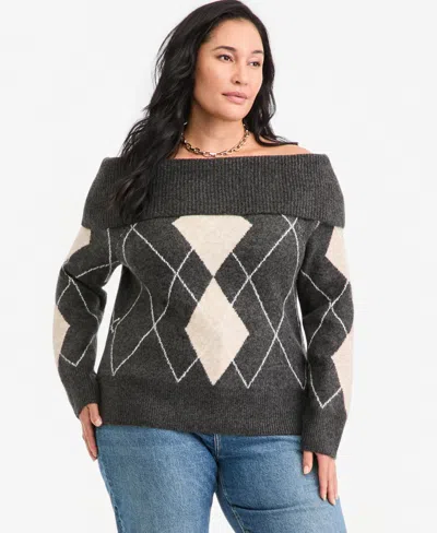 On 34th Plus Size Off-the-shoulder Argyle Sweater, Macy's Exclusive In Gray