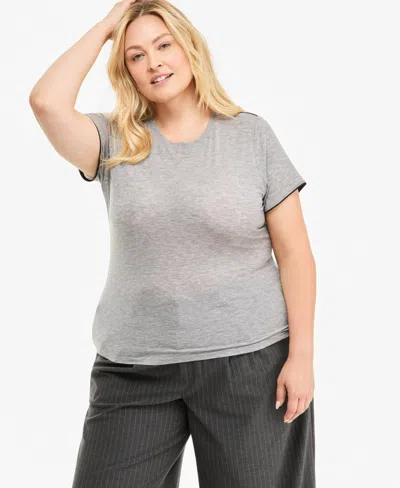 On 34th Plus Size Piped Tissue Jersey Layering Crewneck T-shirt, Macy's Exclusive In Charcol Gry Htr