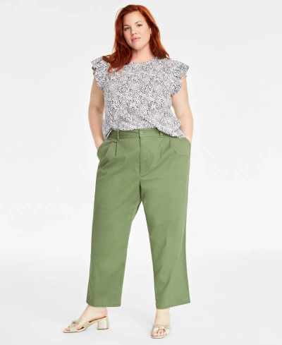 On 34th Trendy Plus Size Pleated Chino Straight-leg Ankle Pants, Created For Macy's In Olivine