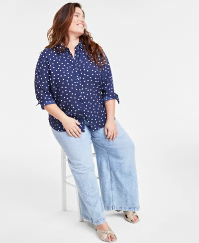 On 34th Trendy Plus Size Button-front Crepe Shirt, Created For Macy's In Intrepid Blue Combo