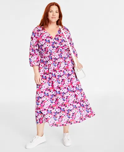 On 34th Trendy Plus Size Printed Blouson-sleeve Cotton Midi Dress, Created For Macy's In Jazzy Pink Combo