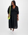 ON 34TH TRENDY PLUS SIZE PRINTED BLOUSON-SLEEVE COTTON MIDI DRESS, CREATED FOR MACY'S