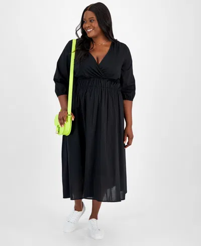 On 34th Trendy Plus Size Printed Blouson-sleeve Cotton Midi Dress, Created For Macy's In Deep Black