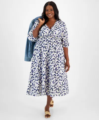 On 34th Trendy Plus Size Printed Blouson-sleeve Cotton Midi Dress, Created For Macy's In Larkspur Combo
