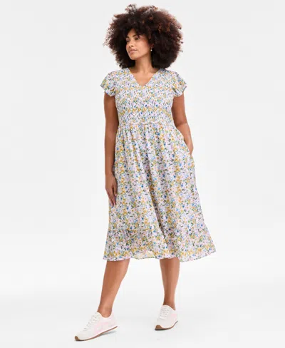 On 34th Plus Size Printed Flutter-sleeve Smocked Midi Dress, Exclusively At Macy's