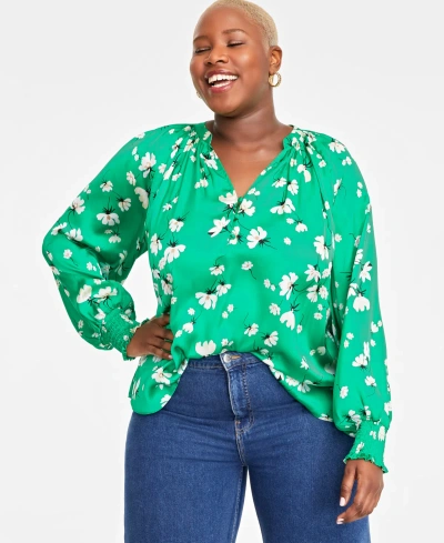 On 34th Trendy Plus Size Printed Smocked Blouse, Created For Macy's In Brght Green Cmb