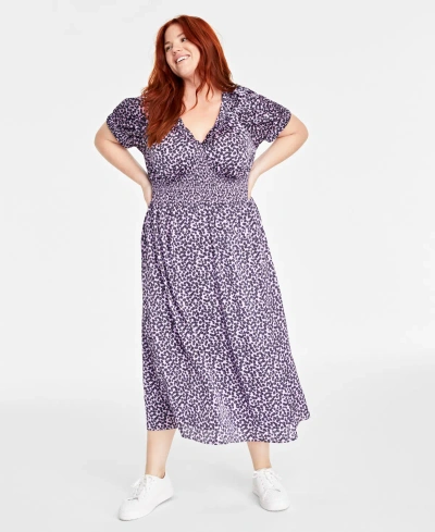 On 34th Trendy Plus Size Printed V-neck Short-sleeve Midi Dress, Created For Macy's In Calla Lilac