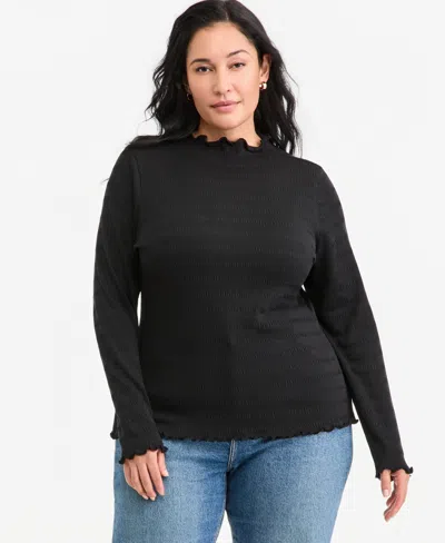 On 34th Plus Size Puckered-rib Funnel Neck Lettuce-edge Top, Macy's Exclusive In Deep Black