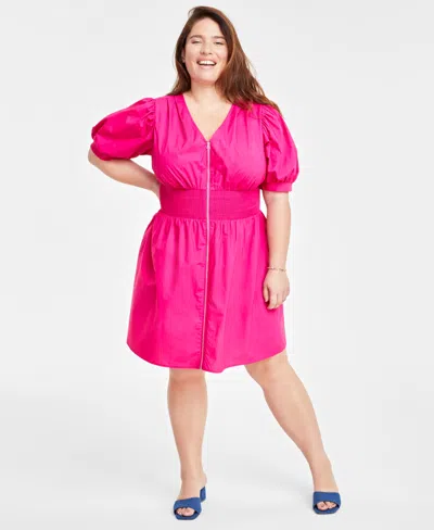On 34th Trendy Plus Size Puff-sleeve Smocked Dress, Created For Macy's In Jazzy Pink