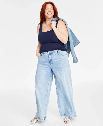 On 34th Trendy Plus Size Ribbed Square-neck Tank, Created For Macy's In Intrepid Blue