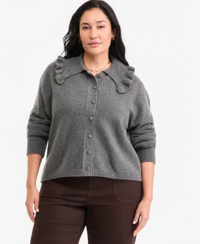 On 34th Plus Size Ruffled Collar Long-sleeve Cardigan, Macy's Exclusive In Black