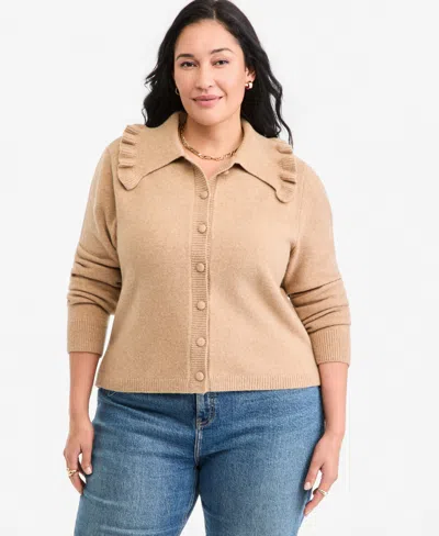 On 34th Plus Size Ruffled Collar Long-sleeve Cardigan, Macy's Exclusive In Black