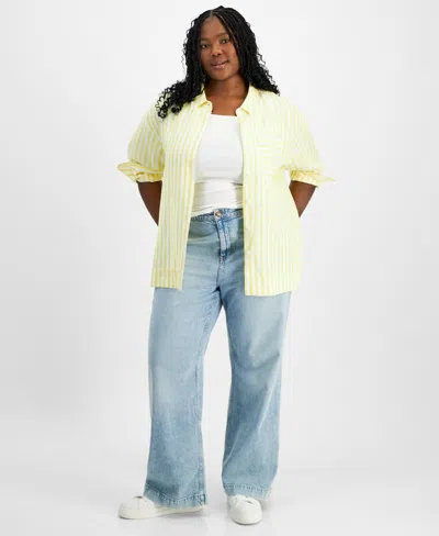On 34th Plus Size Stripe Relaxed-fit Button-up Shirt, Created For Macy's In Maze Yellow Cmb