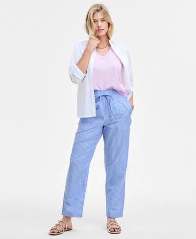 On 34th Plus Size Striped High-rise Pull-on Pants, Exclusively At Macy's In Blue Cmb