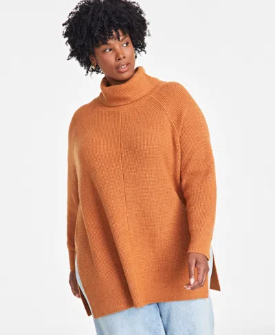 On 34th Plus Size Turtleneck Waffle-knit Tunic Sweater, Created For Macy's In Pecan Roast