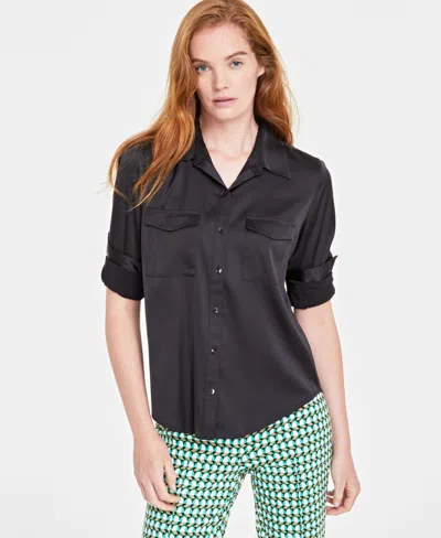 On 34th Women's Button-front Long-sleeve Satin Utility Shirt, Created For Macy's In Deep Black