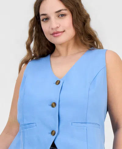On 34th Plus Size V-neck Button-front Vest Jacket, Macy's Exclusive In Blue