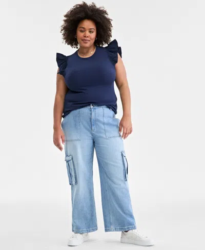 On 34th Plus Size Women's Light Wash High Rise Utility Cargo Jeans, Created For Macy's