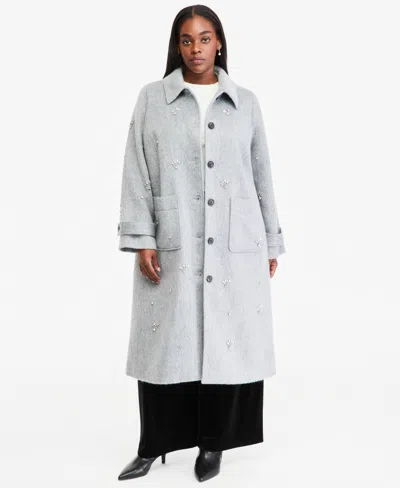 On 34th Plus Size Wool-blend Longline Embellished Coat, Macy's Exclusive In Gray