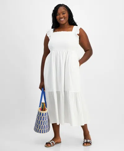 On 34th Plus Size Woven Solid Smocked Ruffled Midi Dress, Created For Macy's In Bright White