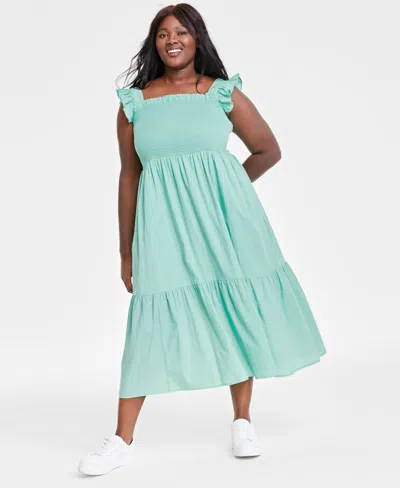 On 34th Plus Size Woven Solid Smocked Ruffled Midi Dress, Created For Macy's In Sea Mist Green