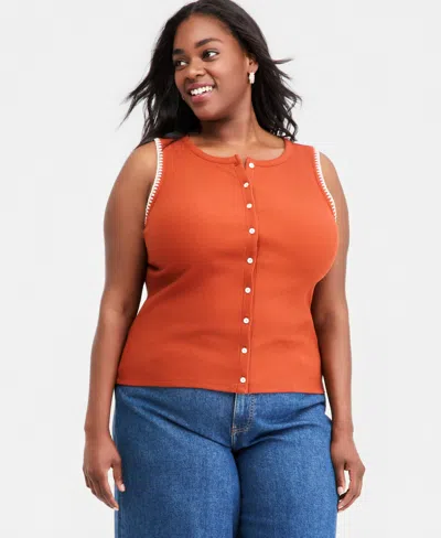 On 34th Plus Sleeveless Rib-knit Whipstitch Button Front Top, Macy's Exclusive In Orange