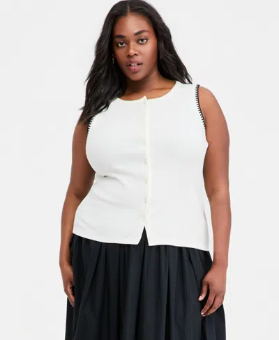 On 34th Plus Sleeveless Rib-knit Whipstitch Button Front Top, Macy's Exclusive In Multi
