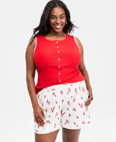 On 34th Plus Sleeveless Rib-knit Whipstitch Button Front Top, Macy's Exclusive In Red