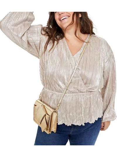 On 34th Plus Womens Surplice Long Sleeve Peplum Top In Gold