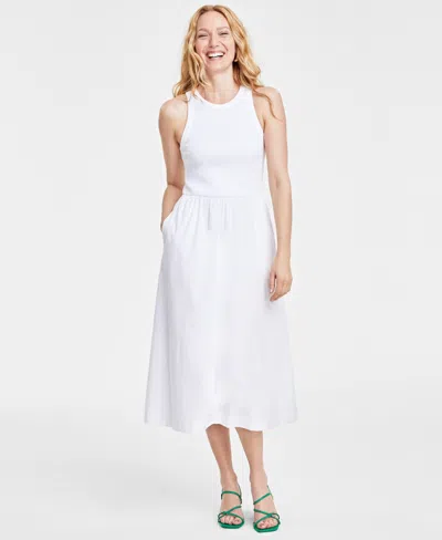 On 34th Round-neck Ribbed-bodice Midi Dress, Created For Macy's In Bright White