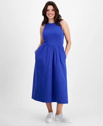 On 34th Round-neck Ribbed-bodice Midi Dress, Created For Macy's In Cobalt Glaze