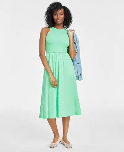 On 34th Round-neck Ribbed-bodice Midi Dress, Created For Macy's In Creme De Mint