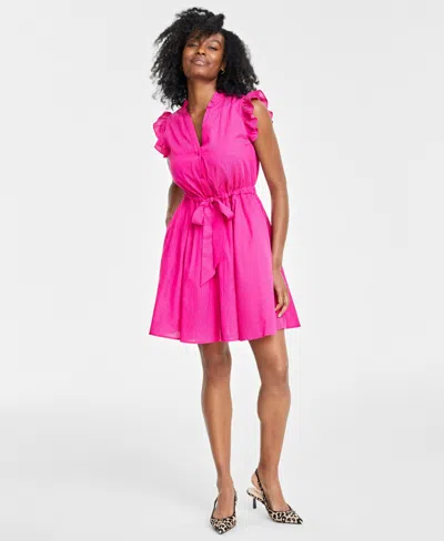On 34th Ruffled-sleeve Tie-waist Minidress, Created For Macy's In Jazzy Pink