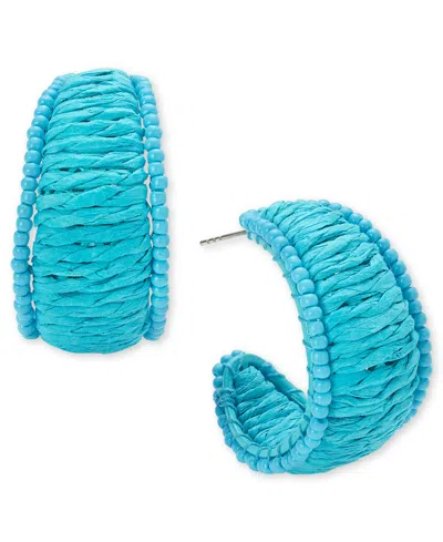On 34th Silver-tone Medium Color Seed Bead & Raffia C-hoop Earrings, 1.25", Created For Macy's In Blue
