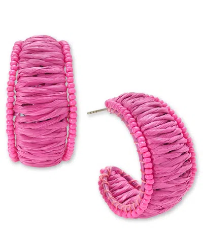 On 34th Silver-tone Medium Color Seed Bead & Raffia C-hoop Earrings, 1.25", Created For Macy's In Pink