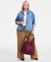 On 34th Trendy Plus Cotton Embellished Crewneck Tee Denim Trucker Jacket Pleat Front Wide Leg Pants Macys Ex In Blue