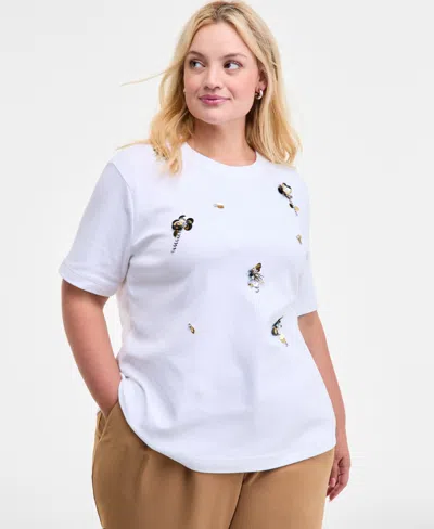 On 34th Trendy Plus Cotton Embellished Crewneck Tee, Macy's Exclusive In White