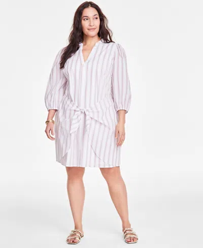 On 34th Trendy Plus Cotton Striped Tie-waist Shirtdress, Exclusively At Macy's In Antique Blush