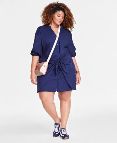 On 34th Trendy Plus Cotton Tie-front 3/4-sleeve Shirtdress, Exclusively At Macy's In Intrepid Blue